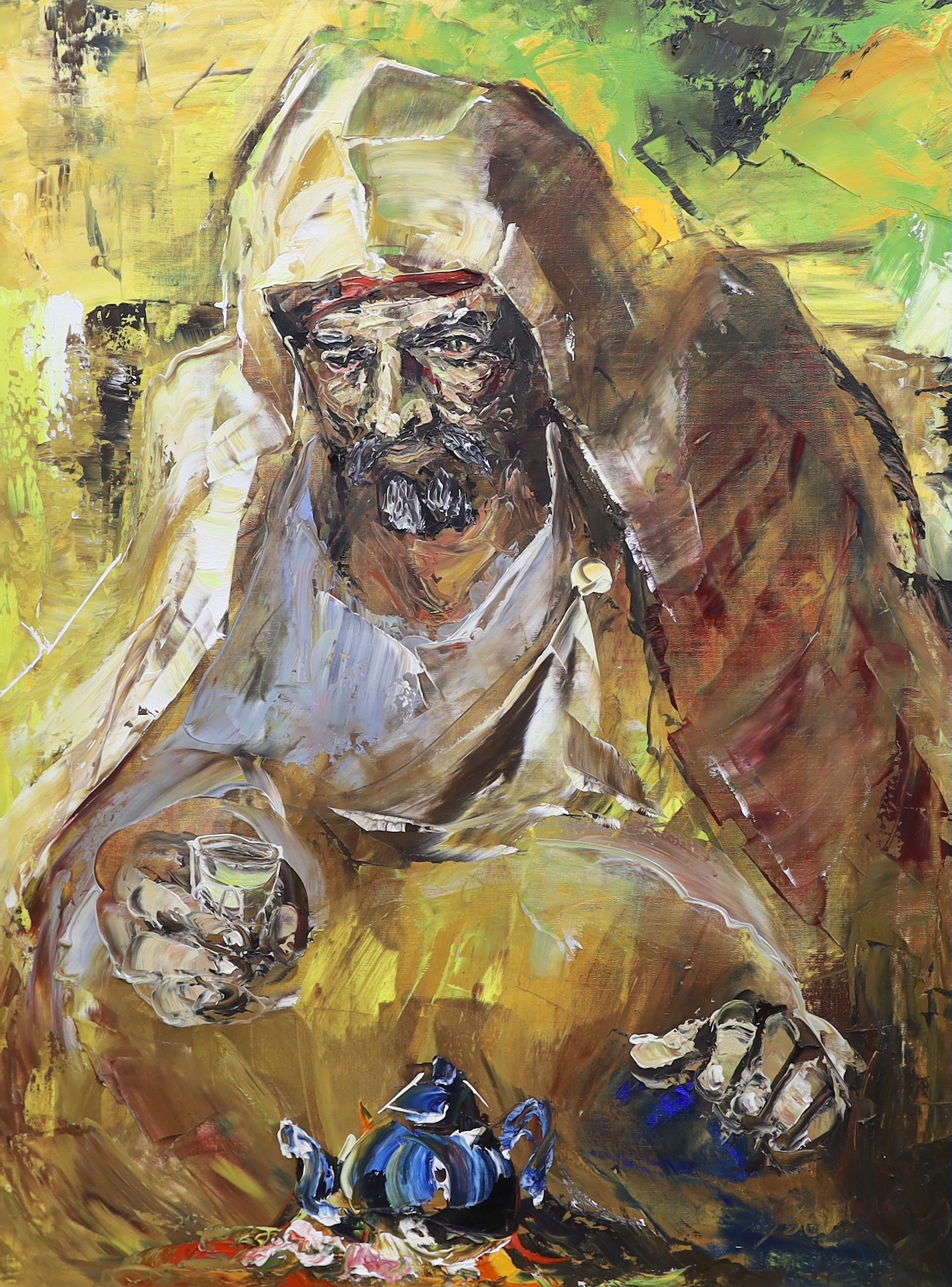 Libyan School, impasto oil on canvas, Study of an Arab drinking, inscribed verso Muammar Gaddafi, Tripoli, Libya, commissioned 2006, 79 x 59cm